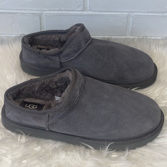 New UGG Classic Slipper Womens Size 12 Gray Suede Shoe Fur Lined - Picture 2 of 7